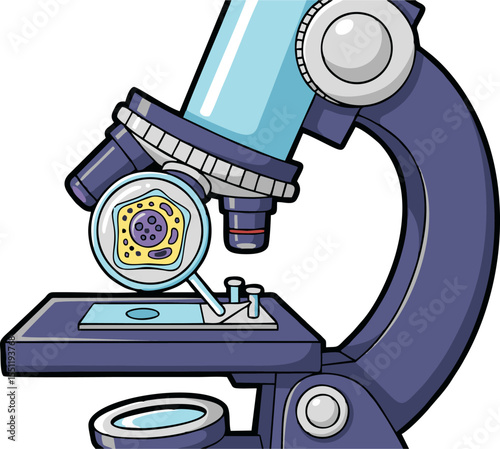 Cartoon Microscope with Detailed Cell Sample on Slide, Scientific Illustration