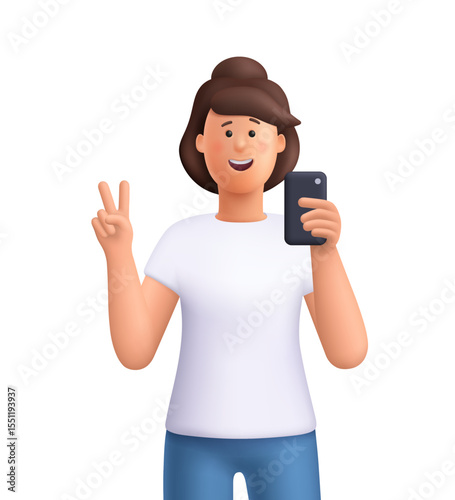 Young smiling woman Jane taking selfie with smartphone and making peace gesture sign. Social media, communication and lifestyle concept. 3d vector people character. Cartoon minimal style.