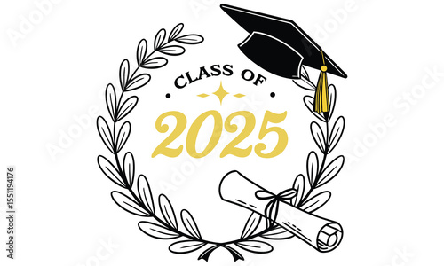 Class of 2025 graduation emblem featuring a mortarboard cap laurel wreath and diploma scroll symbolizing academic achievement and celebration