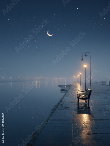 Calm Night With Soft Waves Reflecting Moonlight and Stars by a Peaceful Waterfront Promenade