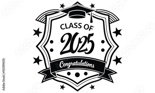 Class of 2025 graduation emblem with a mortarboard cap stars and congratulations banner symbolizing academic achievement and celebration