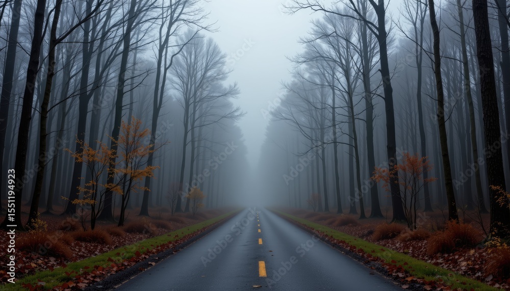Naklejka premium Misty Road Surrounded by Bare Trees in a Foggy Forest Landscape