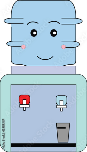 A flat-style cartoon of a water gallon dispenser with a friendly face, great for school, health, and hydration designs.