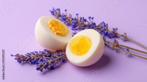 Two halves of a hard boiled egg with lavender sprigs on a purple background A healthy and relaxing breakfast image