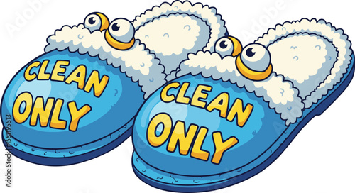 Cartoonish Blue Slippers with Googly Eyes and "Clean Only" Text Graphic