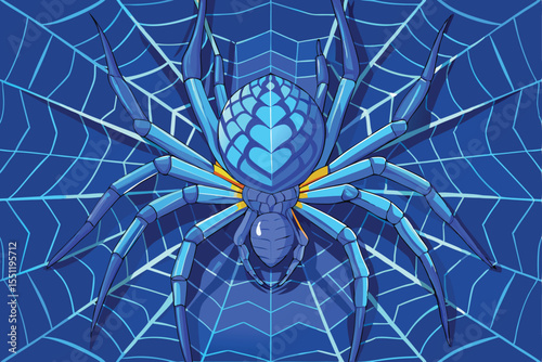 A stylized illustration of a large, vibrant blue spider centered on a complex web.