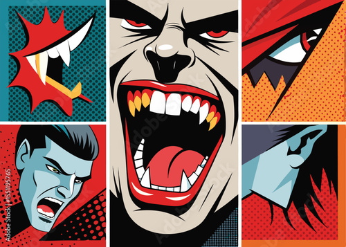 A vibrant pop art collage showcasing various monstrous faces, likely vampires or similar creatures.