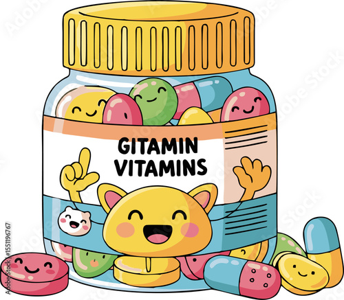 Cheerful Vitamin Bottle with Smiling Gummy Bears and Happy Capsules, Cartoon Illustration.