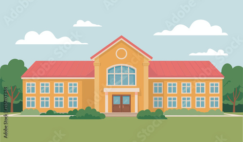 School building vector illustration with blue sky for education theme back to school design concept