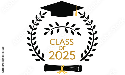 Class of 2025 graduation symbol featuring a black graduation cap with a gold tassel a laurel wreath and a diploma scroll representing academic achievement and commencement