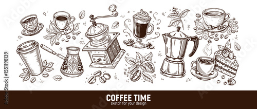 Coffee set: beans, branch, cup, grinder, kettle, turk. Hand-drawn sketch.