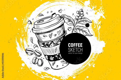 Beautiful Coffee Illustration Set Against a Bright Yellow Background. Hand-drawn sketch vector.