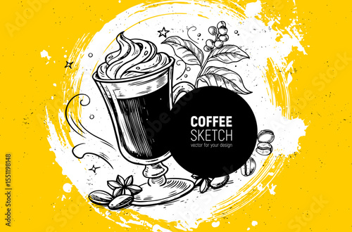 Beautiful Artistic Coffee Cup Illustration Set Against a Bright Yellow Background. Hand-drawn sketch vector.