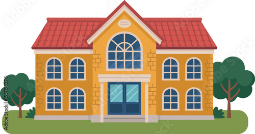 Flat illustration of a school building with trees and blue sky background for welcome back sign or header  