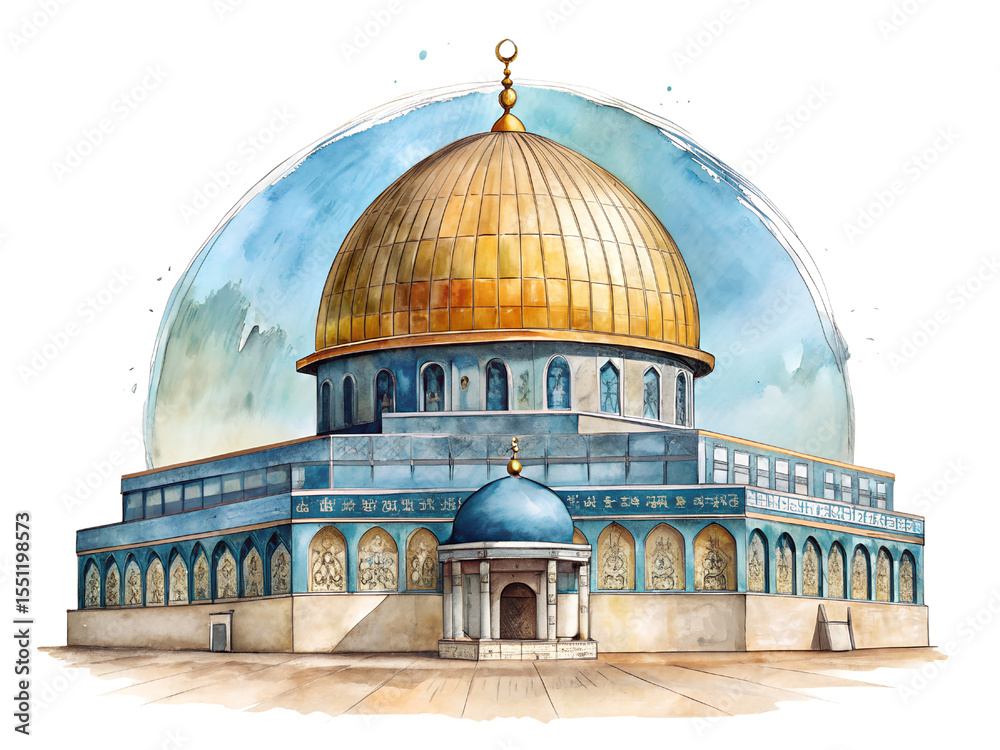 Obraz premium Watercolor Illustration of a Golden and Blue Dome Building on Transparent Background, Watercolor Illustration on Transparent Background