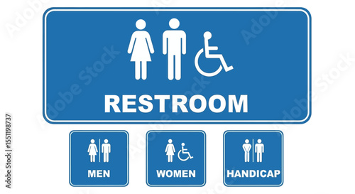 Accessible Restroom Sign: Blue Rectangular Sign with Male, Female, and Wheelchair Symbols