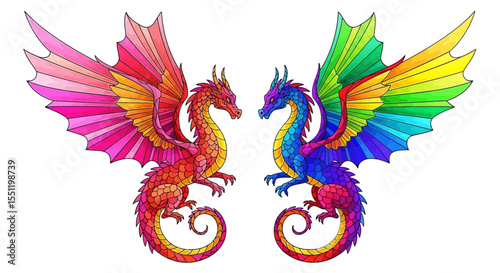 Two Colorful Dragons Facing Each Other with Wings Spread on White Background