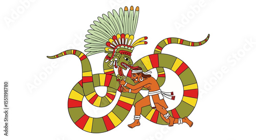 Aztec Serpent Deity, Man Struggling, Colorful, Ornate, Mythological