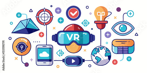 Collection of ten virtual reality icons representing futuristic technology and digital experiences