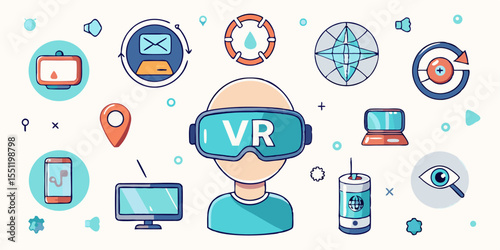 Collection of ten modern icons representing virtual reality and augmented reality experiences