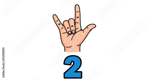 Cartoon Hand Forming "I Love You" Sign Language with Number Two Below