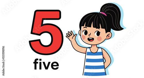 Cartoon Girl with Number Five: Educational Illustration for Children Learning Numbers
