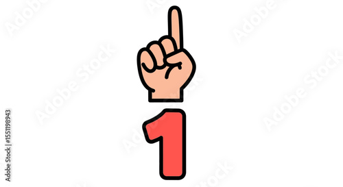 Cartoon Hand Gesturing Number One, Coral Red Digit, Black Outline