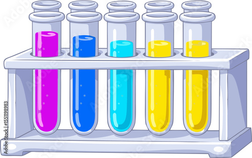 Colorful Laboratory Test Tubes with Varying Liquid Levels in a Rack