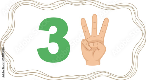 Cartoon Number Three Illustrated with Three-Finger Hand Gesture