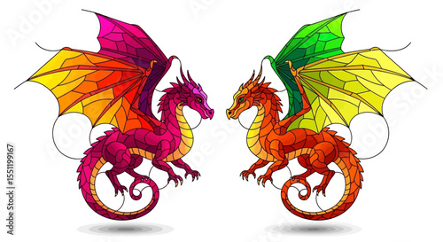 Two Stained Glass Dragons: Pink and Orange Mythical Creatures with Colorful Wings