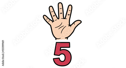 Cartoon Hand Showing Five Fingers Above Number 5