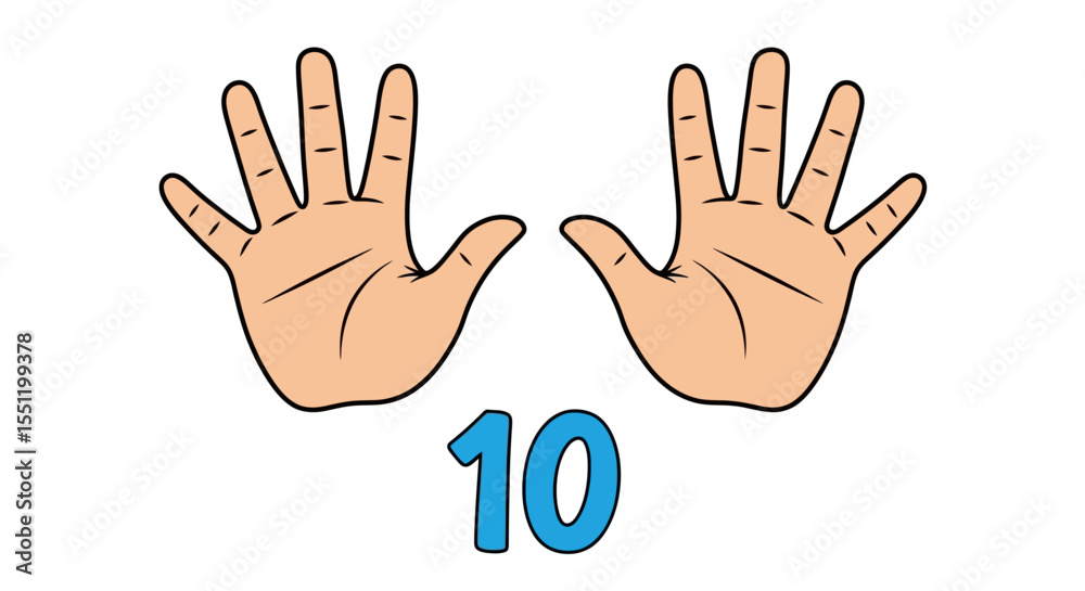 Fototapeta premium Cartoon Hands Showing Number Ten, Open Palms, Light Beige Tone