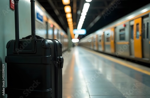 Suitcase bag at railway station with the train as background