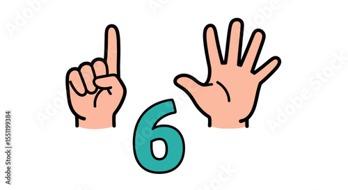 Cartoon Hands Showing Number Six: One and Five Fingers, Teal Digit