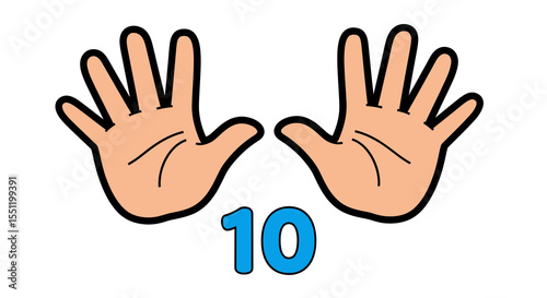 Cartoon Hands Showing Ten Fingers with Blue Number Ten Illustration
