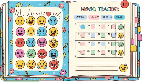 Colorful Mood Tracker Notebook with Various Emoji Faces and Calendar Layout.