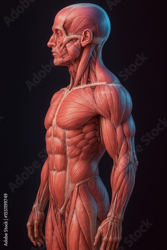 Detailed anatomical model of human male muscular system shown in profile. Full body with exposed muscle fibers. Concept of anatomy, education and medical science.