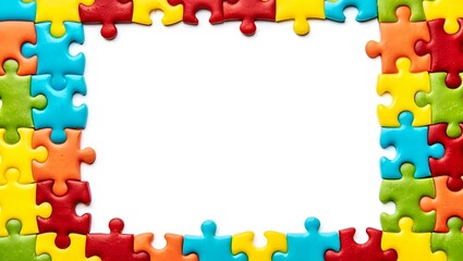 Vibrant colorful jigsaw puzzle pieces forming a border around a blank white copy space background