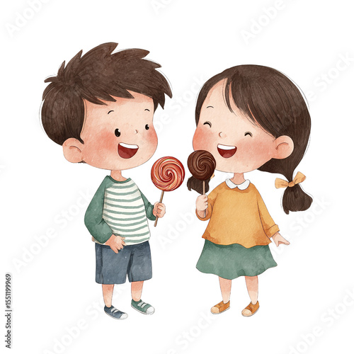 Cute cartoon illustration of children with lollipops sharing sweet treats and happy childhood memories on transparent background