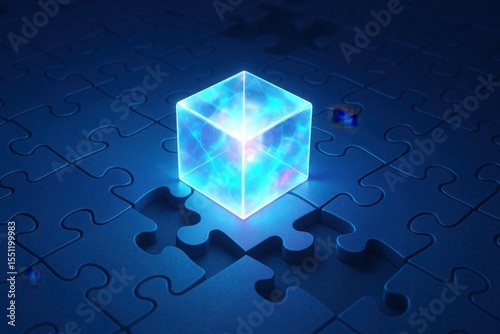 Glowing transparent cube placed in center of blue jigsaw puzzle with missing piece. Futuristic lighting and abstract concept. Concept of innovation, solution and digital technology.