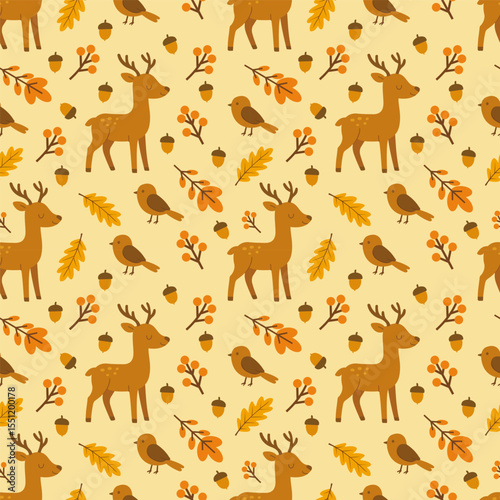 A cute autumn pattern with deer, birds, leaves, and acorns in warm colors