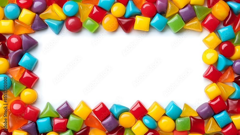 Fototapeta premium Vibrant assortment of colorful geometric candies forming a border on a white background