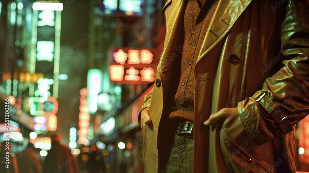 Naklejka premium A closeup of a trench coat worn by a detective on a city street at night, conveying an air of suspense and intrigue.