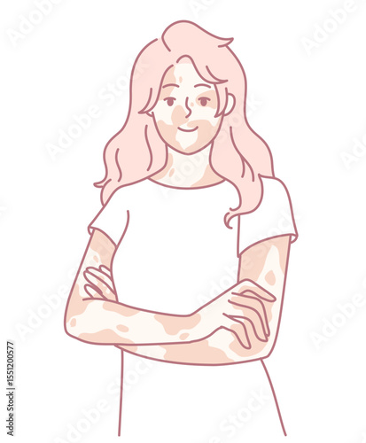 A stylized and vibrant illustration of a confident woman with her arms crossed and a friendly, warm smile