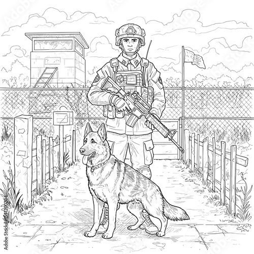Tactical soldier with rifle and German Shepherd guarding a fenced tower.