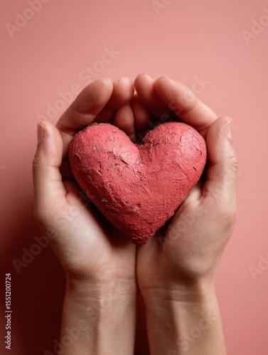 Clay Red Heart Cradled Gently by Hands Symbolizing Care, Compassion, and Charity in a Nurturing Setting