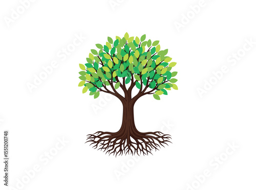 Elegant tree design with detailed roots and lush green foliage, perfect for eco themes. Vector Illustration