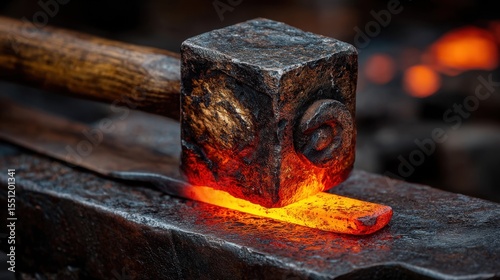 Fototapeta Naklejka Na Ścianę i Meble -  Hot iron clamped in a vise showing texture of hammer strikes