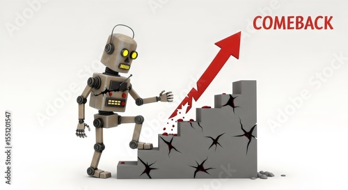 Robot climbs stairs toward comeback arrow isolated on white background