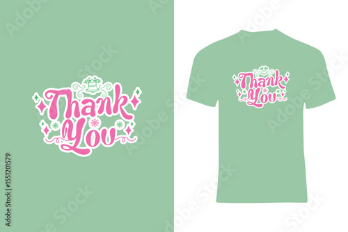 Illustration of a pink 'Thank You' graphic on a pastel green background, perfect for merchandise or card design, conveying gratitude and positive vibes.